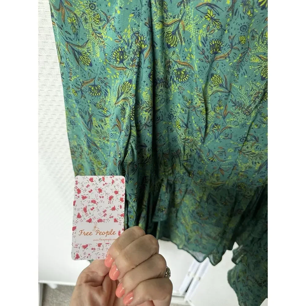 Free People Teal Green Printed Peasant Blouse